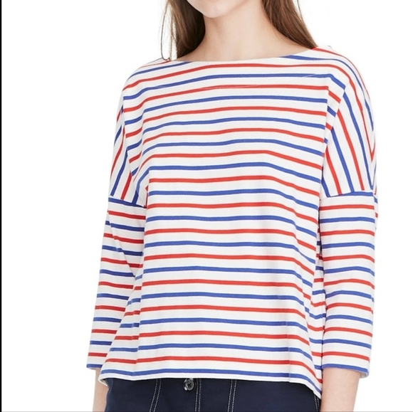 J Crew Red White Blue Oversized Striped Tee Size Small - Picture 1 of 16